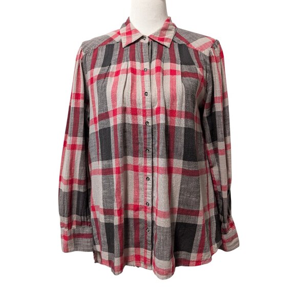 Free People Womens Size M Red Gray Peppy In Plaid Ruffle Hem Oversized Tunic Top - Picture 1 of 9
